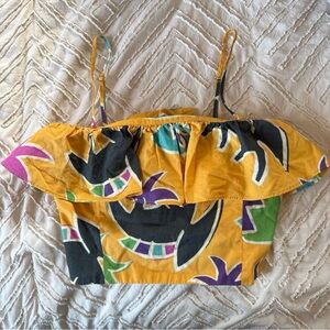 Zara Ruffled Spaghetti Strap Geometric Printed Orange Crop Top Shirt XS